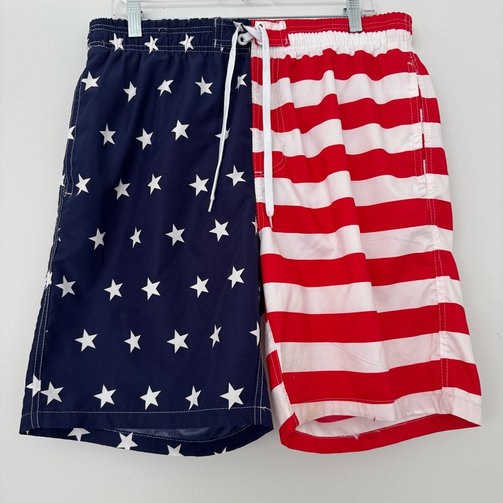 Patriotic Star & Stripe Swim Trunks - US Flag Red White Blue Men’s M